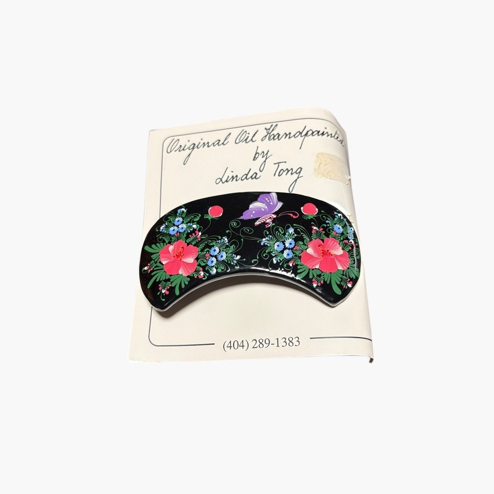 Linda Tong Original Oil Handpainted Floral Butterfly Black Hair Barrette Clip